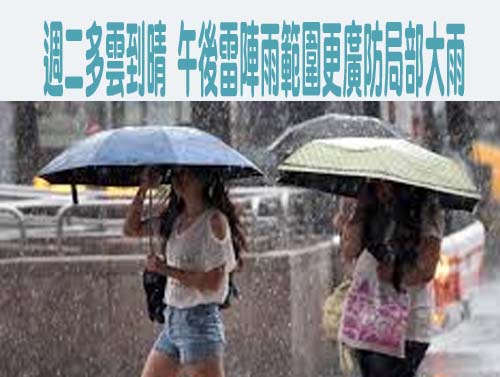 週二多雲到晴 午後雷陣雨範圍更廣防局部大雨